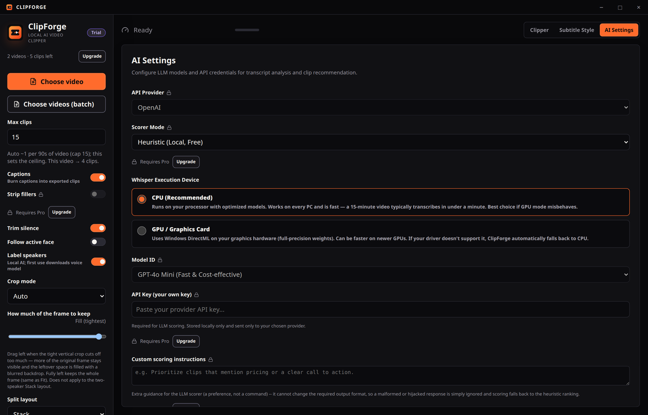 ClipForge optional AI provider settings