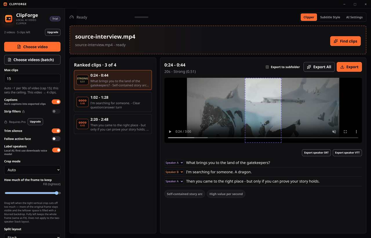 ClipForge ranked clips with Strong, Good, and Maybe buckets